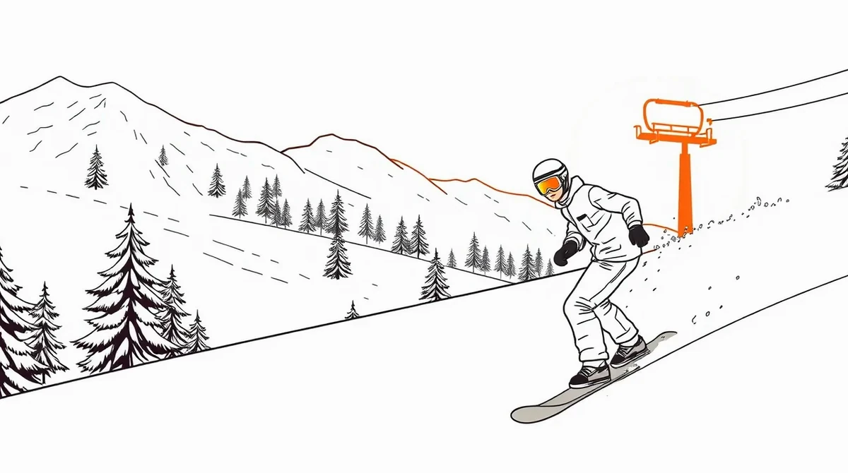 Snowboardista stojaci na rozhraní upravenej zjazdovky a hlbokého neupraveného snehu na okraji lesa