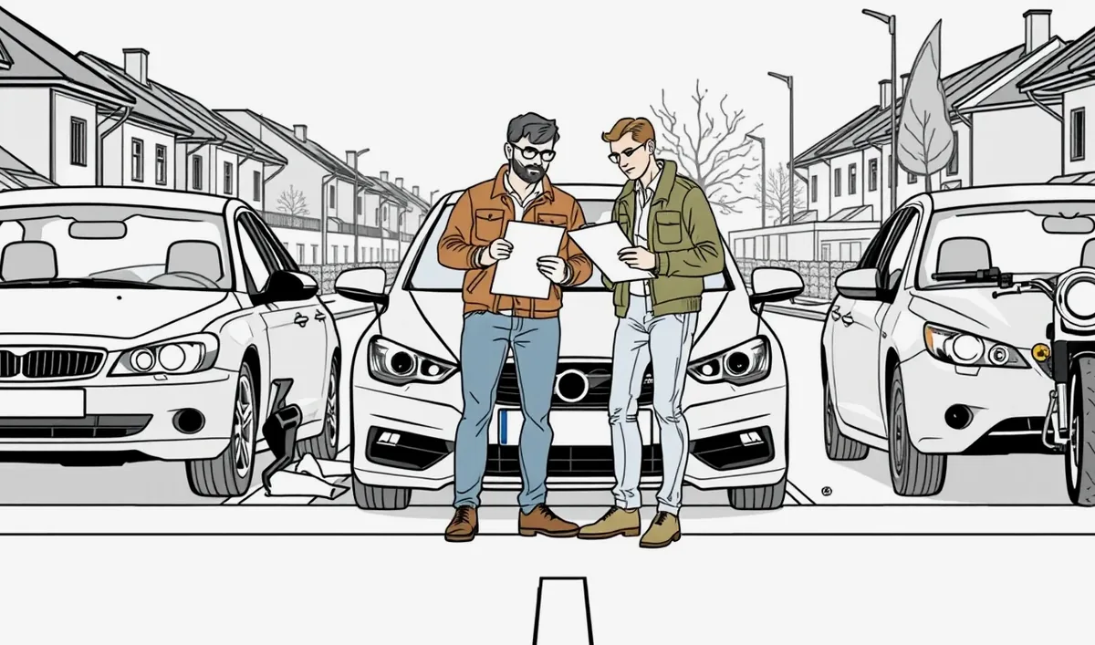 Dva osobné automobily po kolízii na križovatke s umiestneným výstražným trojuholníkom na ceste