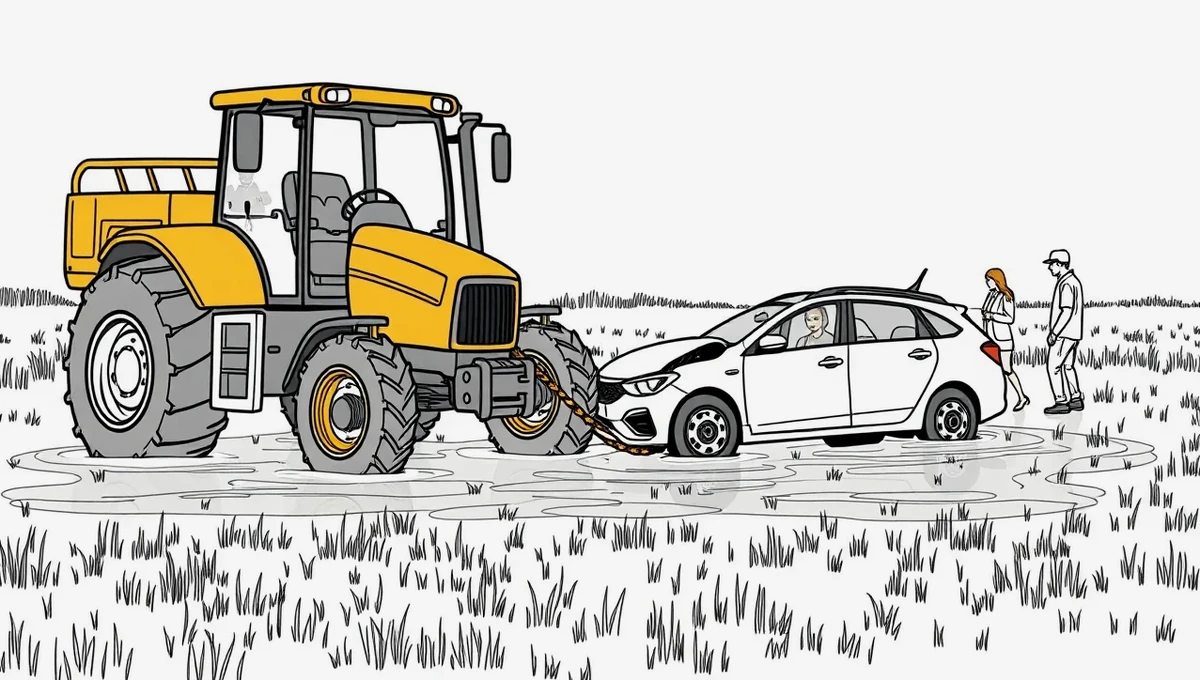 Odťahové vozidlo asistencie vyťahuje firemné auto zapadnuté mimo spevnenej komunikácie