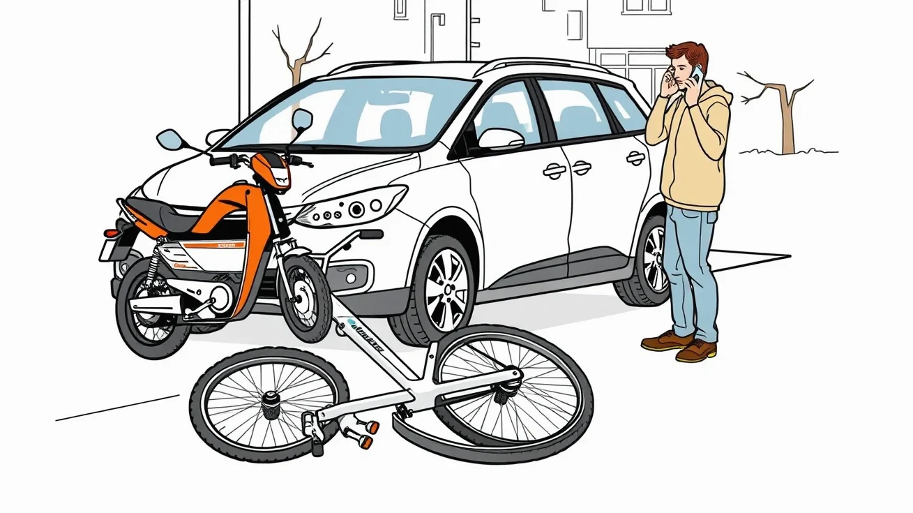 Firemná dodávka manévruje medzi zaparkovanými autami na sídlisku v blízkosti prechádzajúceho cyklistu
