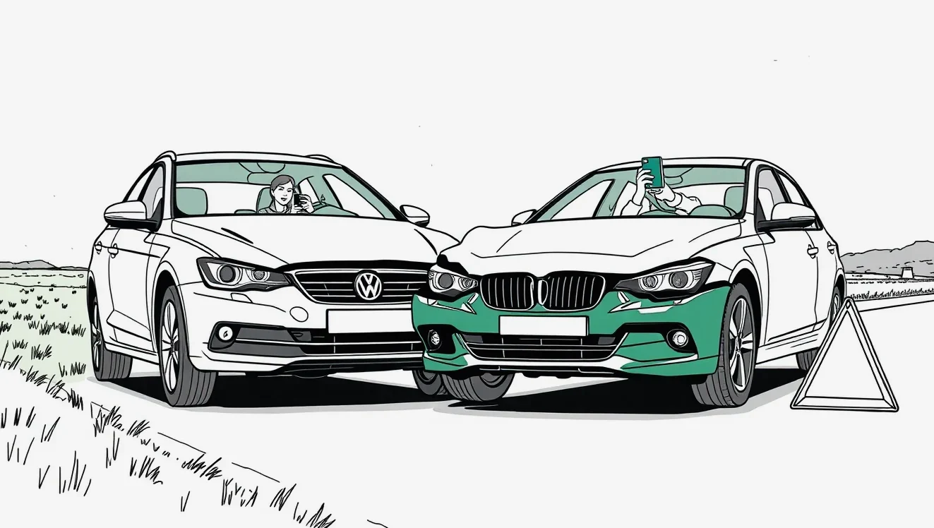 Vodič detailne fotografuje poškodenie predného nárazníka firemného automobilu smartfónom na parkovisku