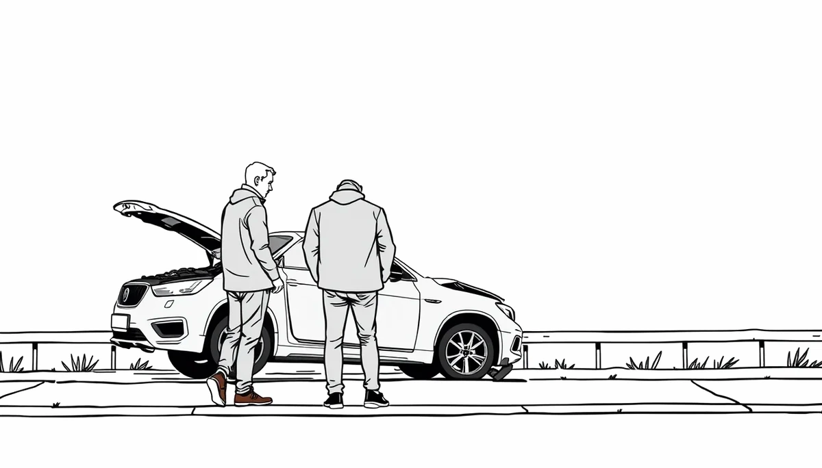 Vodič skúma otvorený motor nepojazdného auta na krajnici cesty