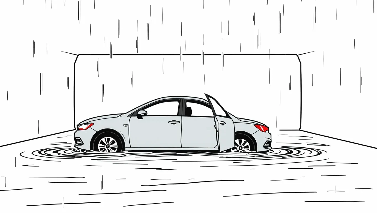 Osobné auto uviaznuté vo vode v zaplavenom cestnom podjazde po prívalovej búrke