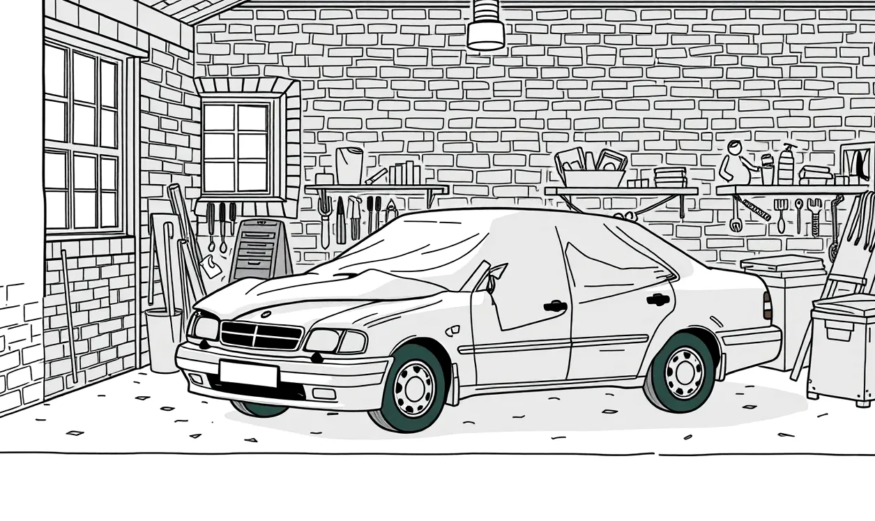 Staršie auto zaparkované v uzamknutej garáži pod ochrannou plachtou