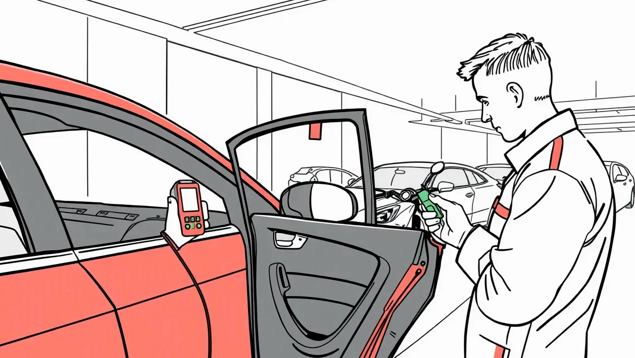 Pracovník dopravného inšpektorátu kontroluje úradné doklady od dovezeného automobilu