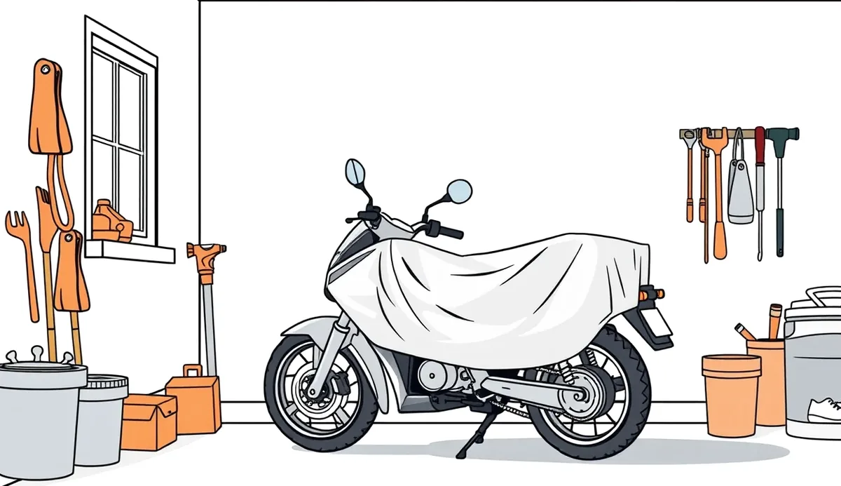 Zaparkovaný cestovný motocykel v garáži pripravený na zazimovanie