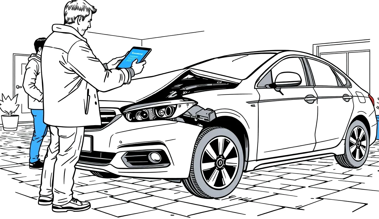 Mechanik v autoservise porovnáva nový náhradný diel s poškodeným komponentom karosérie