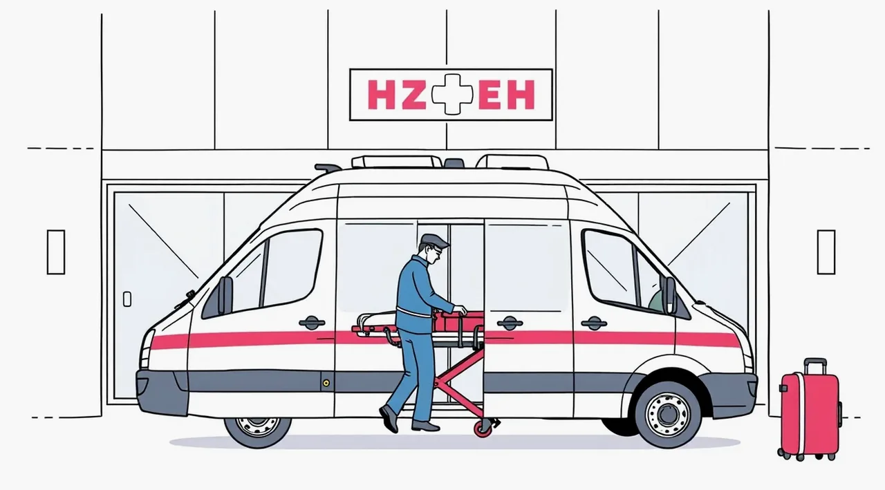 Zdravotnícky personál nakladá pacienta na nosidlách do pozemnej záchrannej sanitky