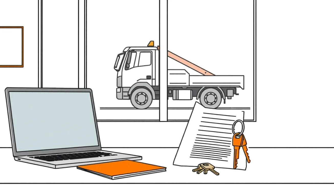 Žltý odťahový špeciál nakladá poškodené osobné auto na hydraulickú plošinu