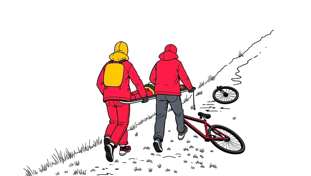 Záchranári Horskej záchrannej služby ošetrujú zraneného cyklistu na lesnom chodníku