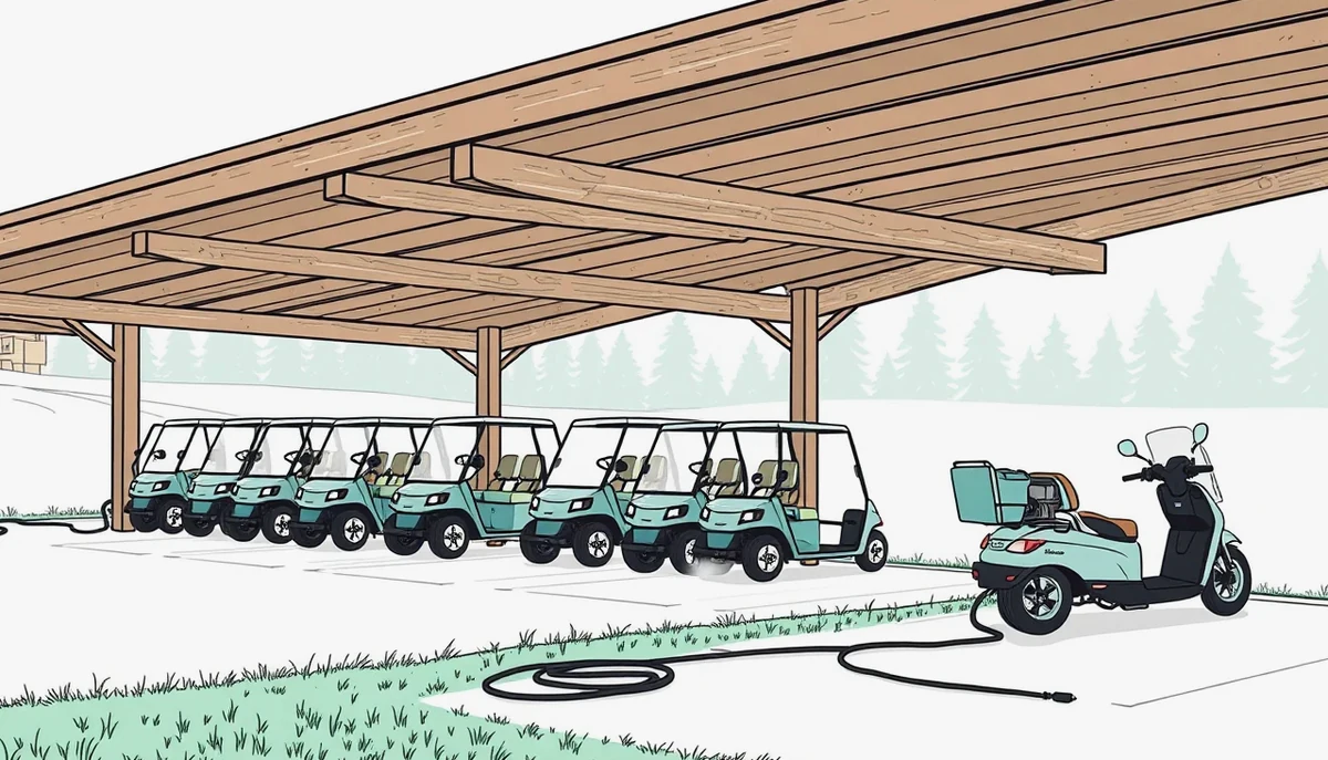 Elektrický golfový vozík odstavený na trávniku pri golfovom odpalisku