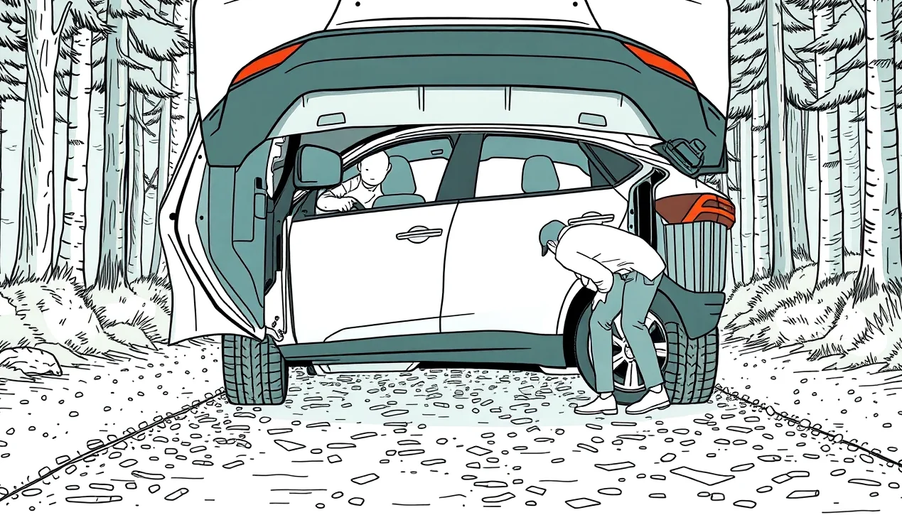 Detail prerazenej olejovej vane automobilu s vytekajúcim motorovým olejom na vozovku