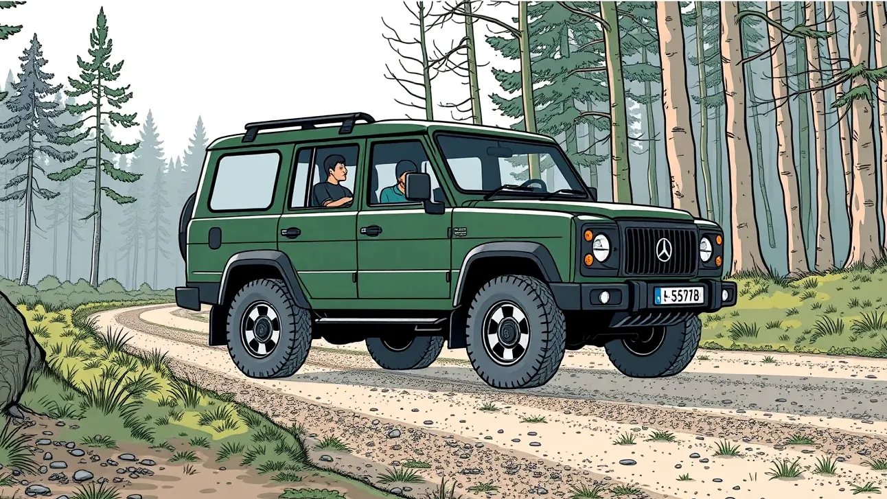 Terénne SUV Land Rover prechádza cez nespevnenú lesnú cestu s pohonom všetkých štyroch kolies