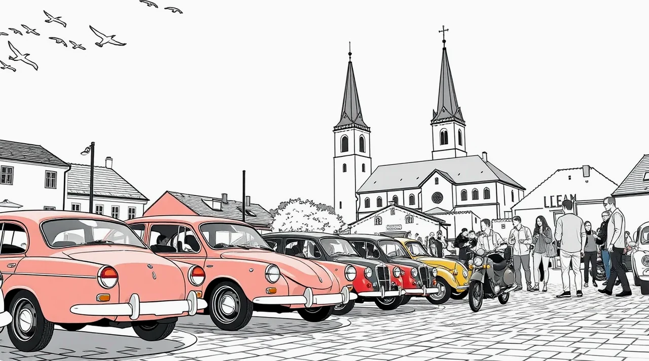 Pohľad na rodinné auto a veterán zaparkované vedľa seba pri rodinnom dome