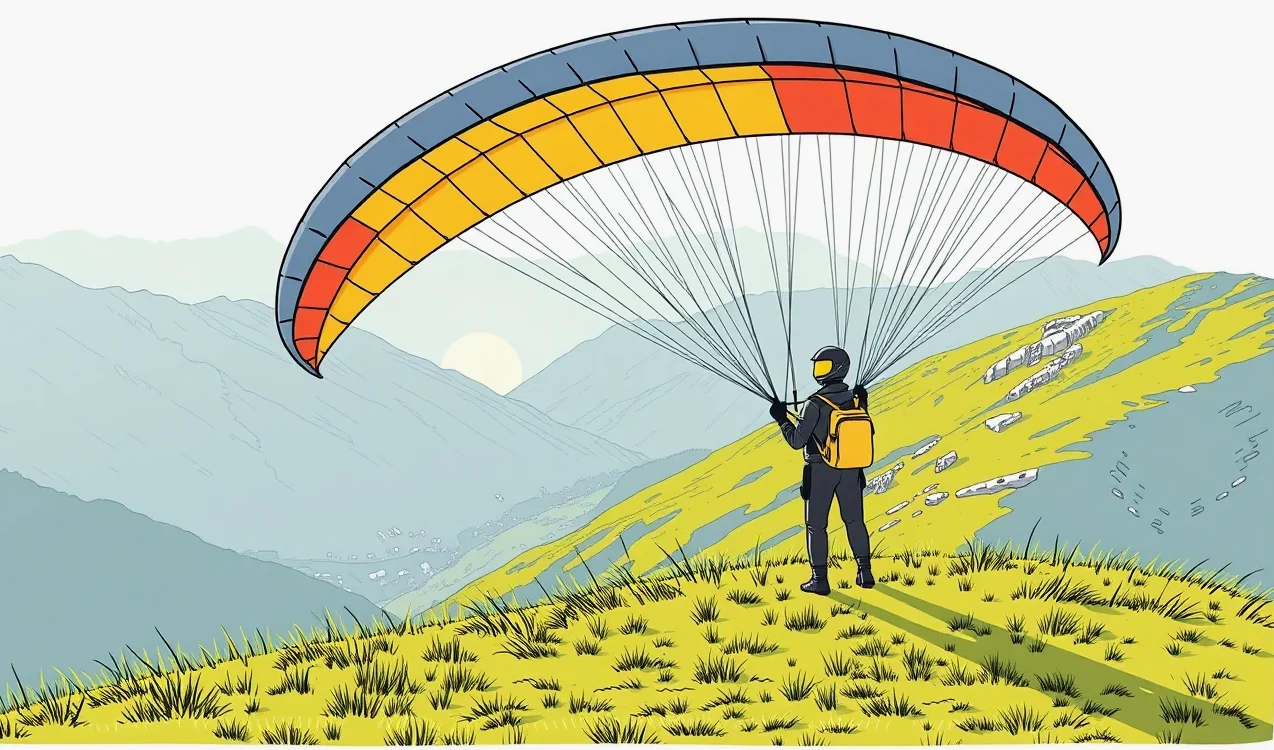 Paraglajdista pristávajúci na horskej lúke pod štítmi Tatier