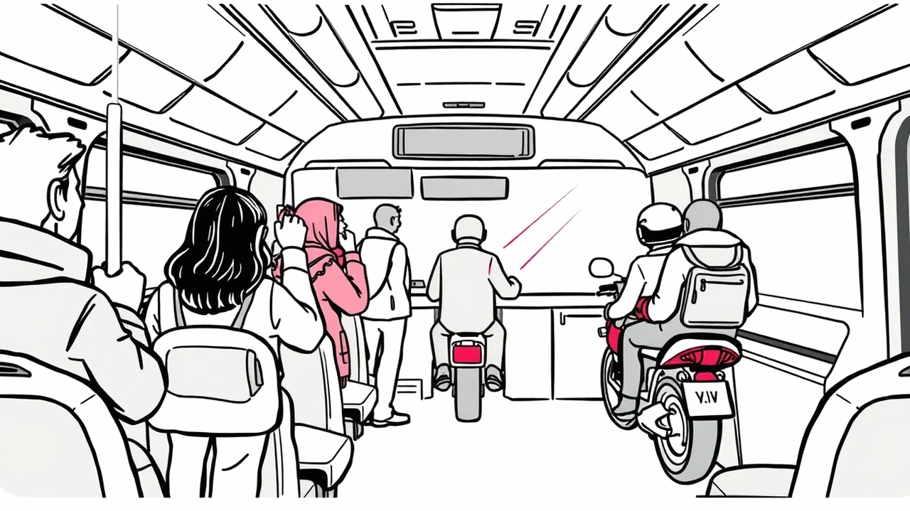 Moderný diaľkový autobus jazdiaci po viacprúdovej diaľnici v strednej Európe