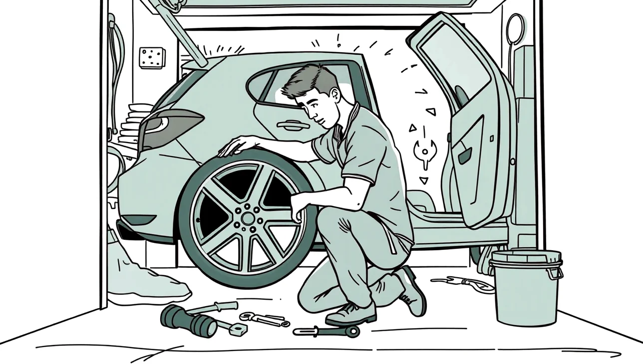 Mechanik inštaluje športový podvozok a nastaviteľné tlmiče na zdvihnutom aute v dielni